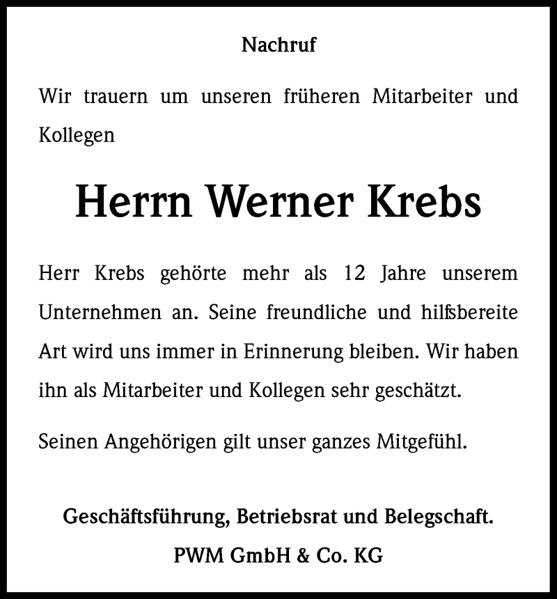  Traueranzeige für Werner Krebs vom 24.09.2016 aus Kölner Stadt-Anzeiger / Kölnische Rundschau / Express