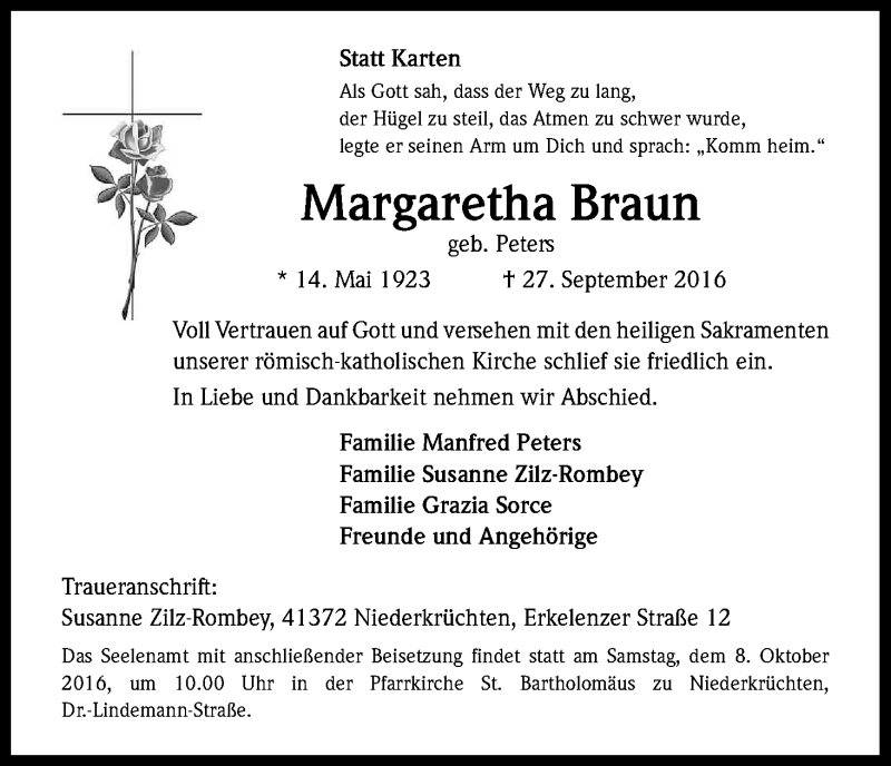  Traueranzeige für Margaretha Braun vom 01.10.2016 aus Kölner Stadt-Anzeiger / Kölnische Rundschau / Express