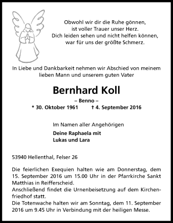 Anzeige von Bernhard Koll von Kölner Stadt-Anzeiger / Kölnische Rundschau / Express