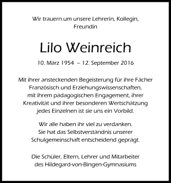 Anzeige von Lilo Weinreich von Kölner Stadt-Anzeiger / Kölnische Rundschau / Express