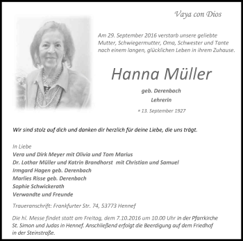 Anzeige von Hanna Müller von Kölner Stadt-Anzeiger / Kölnische Rundschau / Express