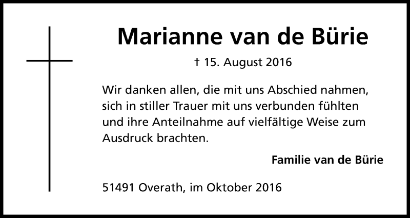  Traueranzeige für Marianne van de Bürie vom 01.10.2016 aus Kölner Stadt-Anzeiger / Kölnische Rundschau / Express