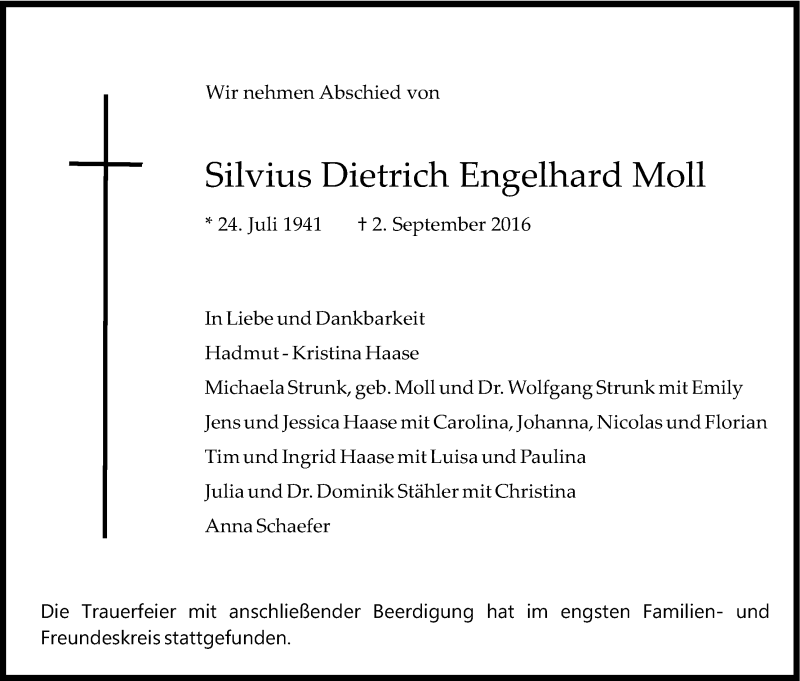  Traueranzeige für Silvius Dietrich Engelhard Moll vom 10.09.2016 aus Kölner Stadt-Anzeiger / Kölnische Rundschau / Express