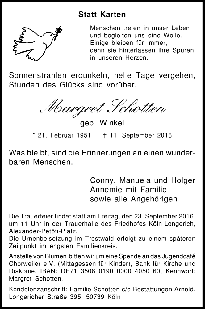 Traueranzeige für Margret Schotten vom 17.09.2016 aus Kölner Stadt-Anzeiger / Kölnische Rundschau / Express