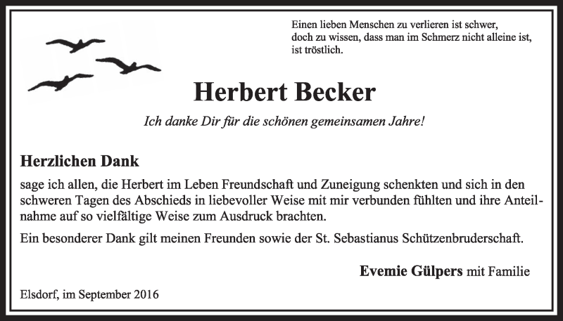  Traueranzeige für Herbert Becker vom 03.09.2016 aus  Sonntags-Post 