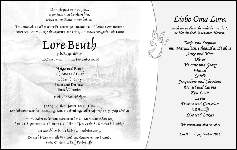  Traueranzeige für Lore Beuth vom 17.09.2016 aus Kölner Stadt-Anzeiger / Kölnische Rundschau / Express