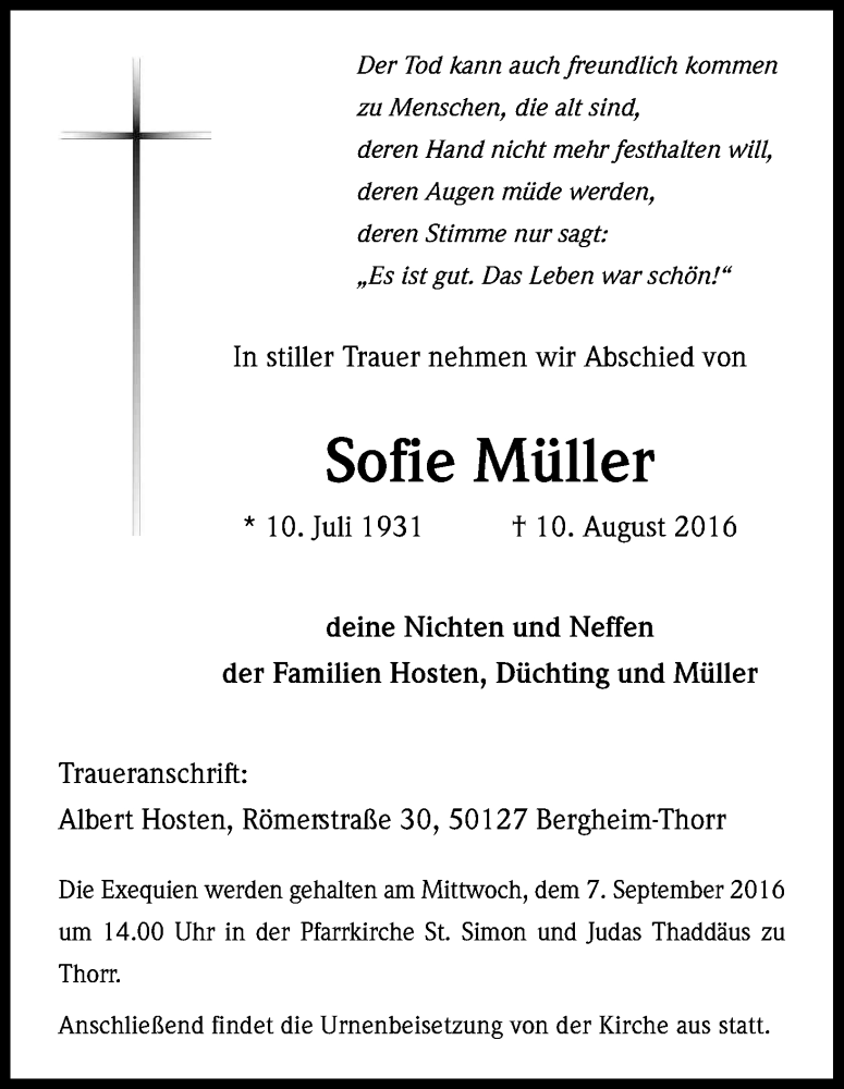  Traueranzeige für Sofie Müller vom 03.09.2016 aus Kölner Stadt-Anzeiger / Kölnische Rundschau / Express