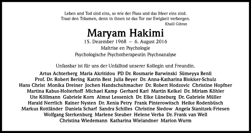  Traueranzeige für Maryam Hakimi vom 10.09.2016 aus Kölner Stadt-Anzeiger / Kölnische Rundschau / Express