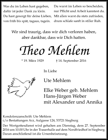 Anzeige von Theo Mehlem von Kölner Stadt-Anzeiger / Kölnische Rundschau / Express