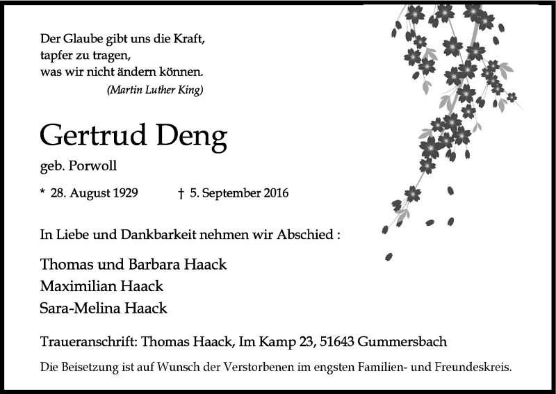  Traueranzeige für Gertrud Deng vom 14.09.2016 aus Kölner Stadt-Anzeiger / Kölnische Rundschau / Express
