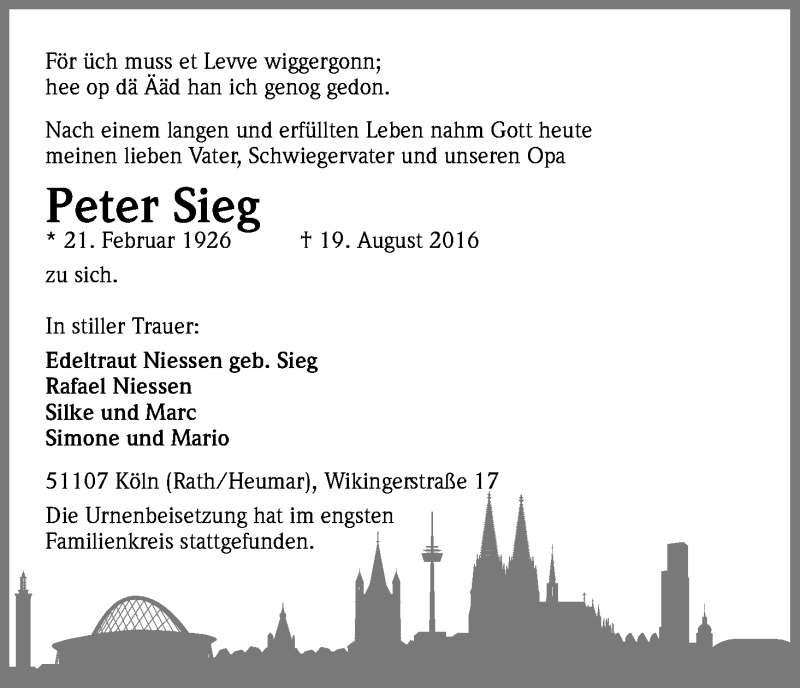  Traueranzeige für Peter Sieg vom 01.10.2016 aus Kölner Stadt-Anzeiger / Kölnische Rundschau / Express