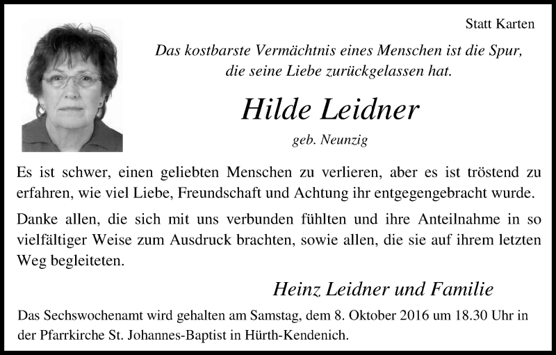  Traueranzeige für Hilde Leidner vom 01.10.2016 aus Kölner Stadt-Anzeiger / Kölnische Rundschau / Express