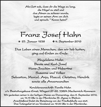 Anzeige von Hans Josef Hahn von Kölner Stadt-Anzeiger / Kölnische Rundschau / Express