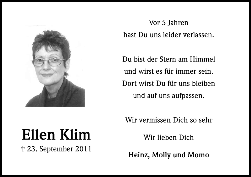  Traueranzeige für Ellen Klim vom 01.10.2016 aus Kölner Stadt-Anzeiger / Kölnische Rundschau / Express