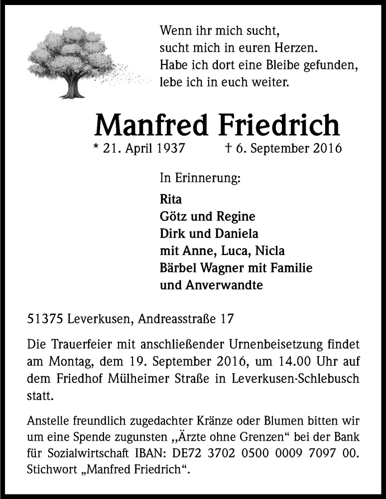 Traueranzeige für Manfred Friedrich vom 15.09.2016 aus Kölner Stadt-Anzeiger / Kölnische Rundschau / Express