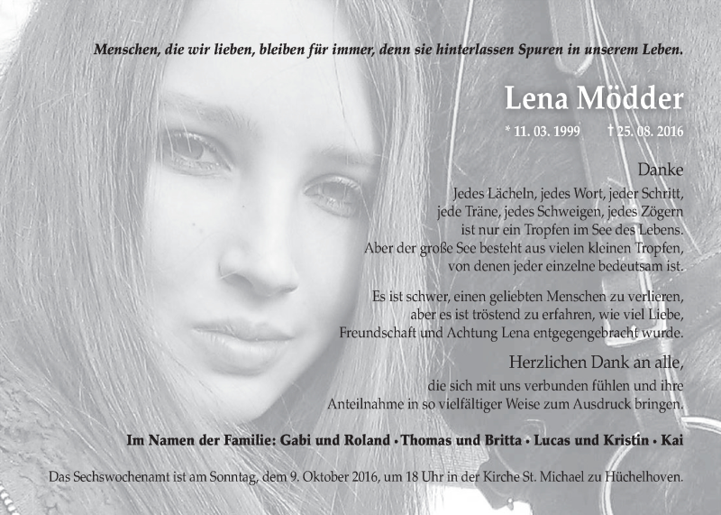  Traueranzeige für Lena Mödder vom 01.10.2016 aus  Sonntags-Post 