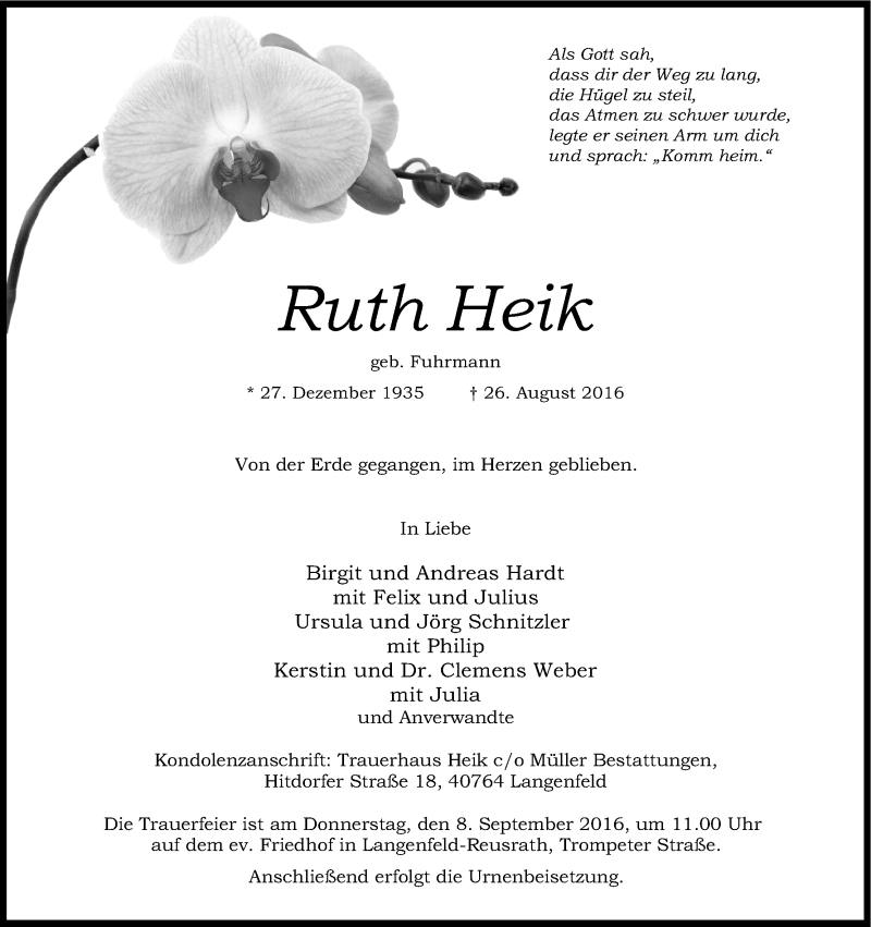  Traueranzeige für Ruth Heik vom 03.09.2016 aus Kölner Stadt-Anzeiger / Kölnische Rundschau / Express