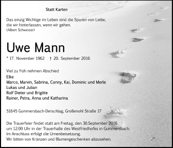 Anzeige von Uwe Mann von  Anzeigen Echo 