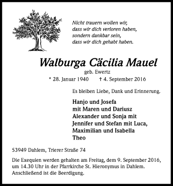 Anzeige von Walburga Cäcilia Mauel von Kölner Stadt-Anzeiger / Kölnische Rundschau / Express