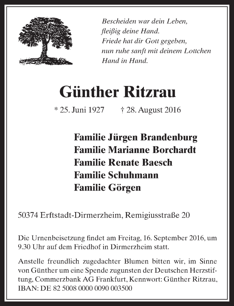  Traueranzeige für Günther Ritzrau vom 14.09.2016 aus  Werbepost 