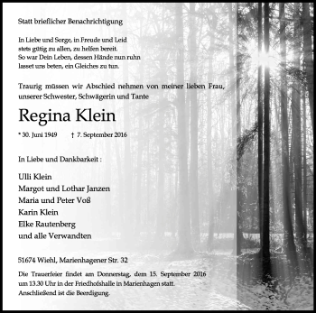 Anzeige von Regina Klein von Kölner Stadt-Anzeiger / Kölnische Rundschau / Express