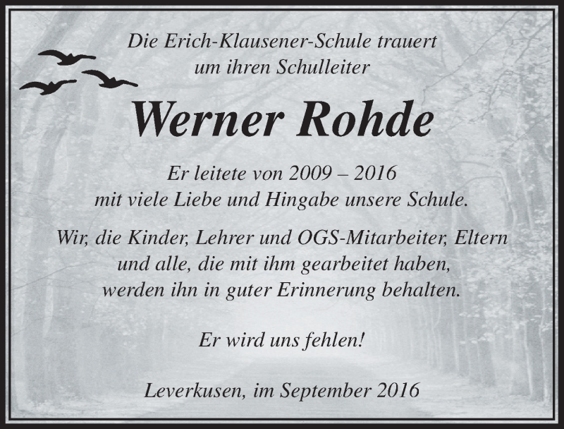  Traueranzeige für Werner Rohde vom 17.09.2016 aus  Leverkusener Wochenende 
