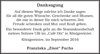 Anzeige von Franziska Zissi Fuchs von  Rhein-Sieg-Wochenende 