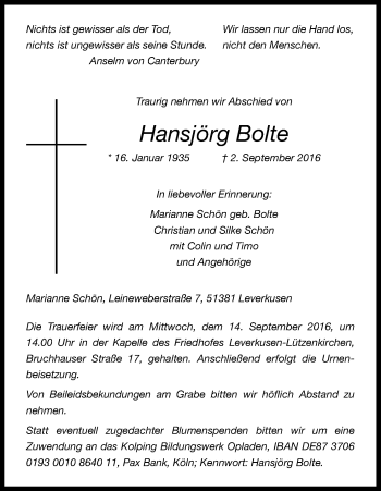 Anzeige von Hansjörg Bolte von Kölner Stadt-Anzeiger / Kölnische Rundschau / Express