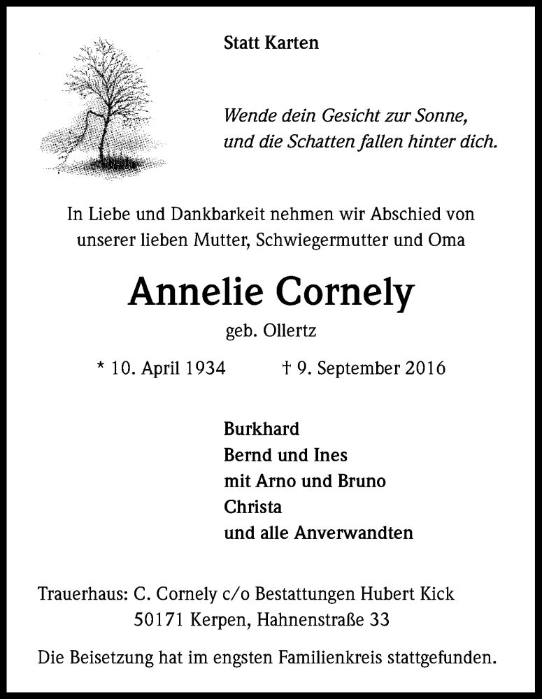  Traueranzeige für Annelie Cornely vom 01.10.2016 aus Kölner Stadt-Anzeiger / Kölnische Rundschau / Express