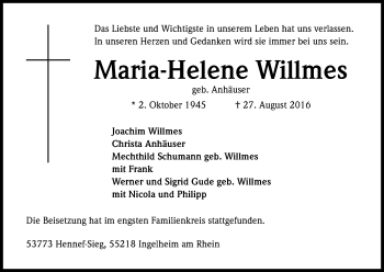 Anzeige von Maria-Helene Willlmes von Kölner Stadt-Anzeiger / Kölnische Rundschau / Express