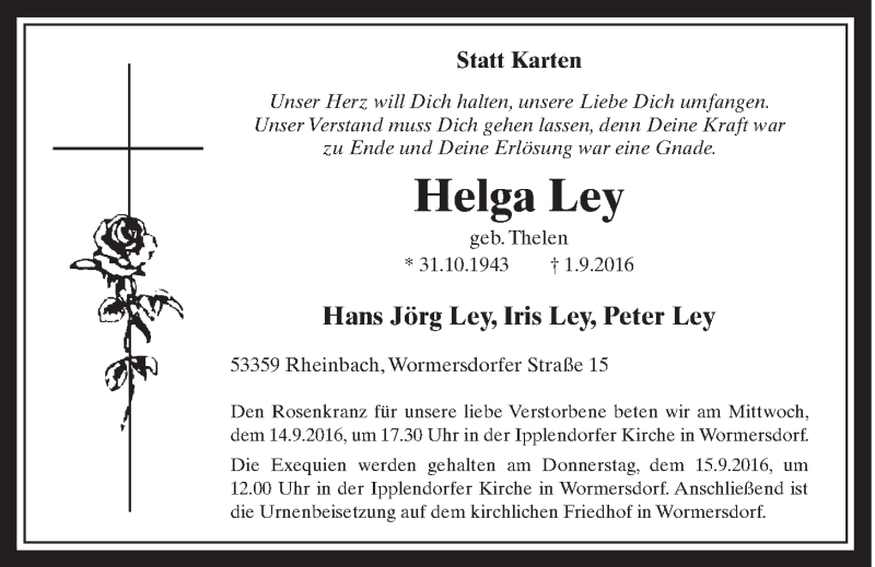  Traueranzeige für Helga Ley vom 07.09.2016 aus  Schaufenster/Blickpunkt 