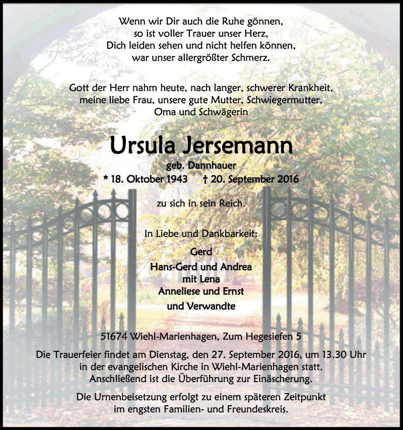 Traueranzeige für Ursula Jersemann vom 22.09.2016 aus Kölner Stadt-Anzeiger / Kölnische Rundschau / Express