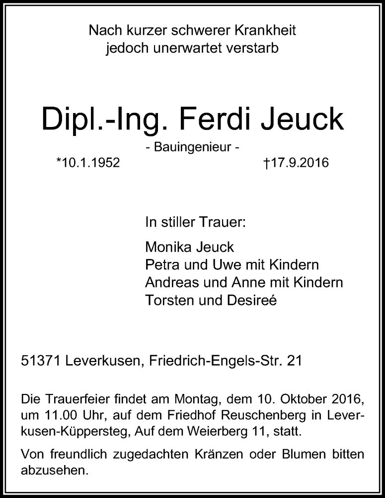  Traueranzeige für Ferdi Jeuck vom 01.10.2016 aus Kölner Stadt-Anzeiger / Kölnische Rundschau / Express