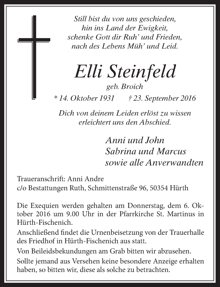  Traueranzeige für Elli Steinfeld vom 28.09.2016 aus  Wochenende 