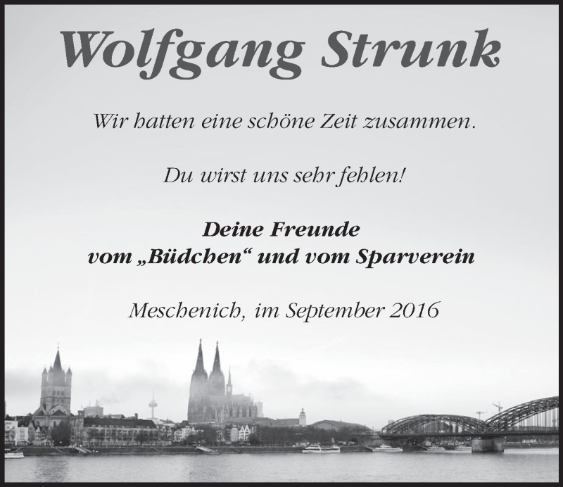  Traueranzeige für Wolfgang Strunk vom 07.09.2016 aus  Schlossbote/Werbekurier 