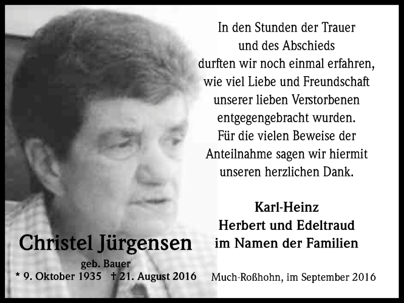  Traueranzeige für Christel Jürgensen vom 17.09.2016 aus Kölner Stadt-Anzeiger / Kölnische Rundschau / Express