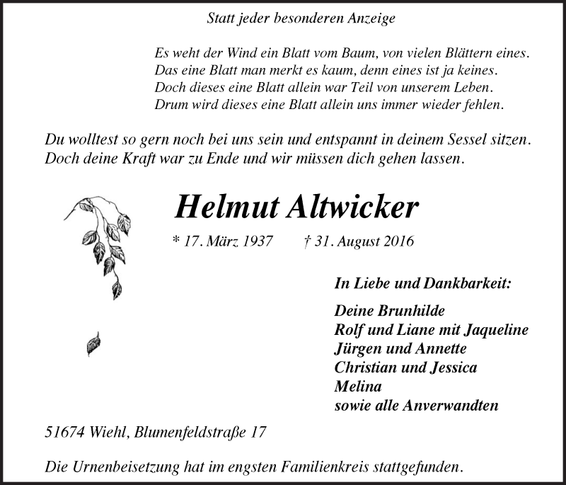  Traueranzeige für Helmut Altwicker vom 14.09.2016 aus  Anzeigen Echo 