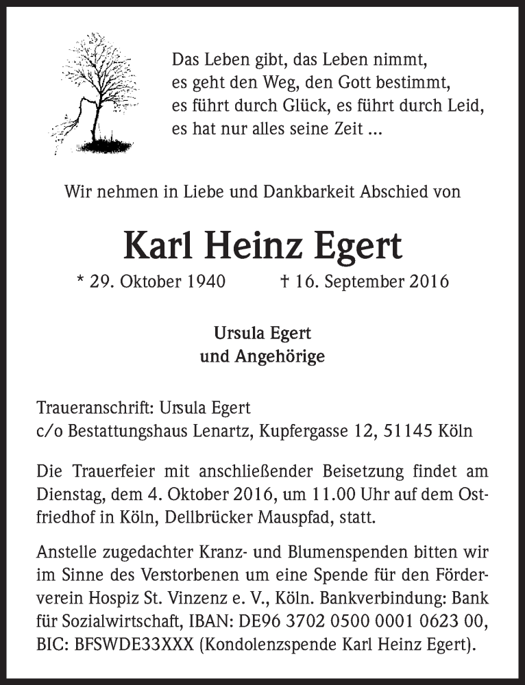  Traueranzeige für Karl Heinz Egert vom 28.09.2016 aus  Kölner Wochenspiegel 