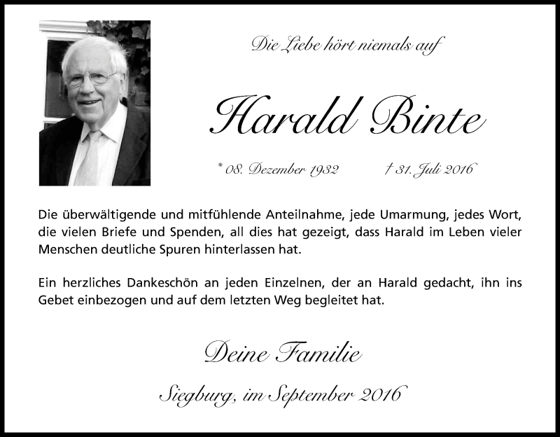  Traueranzeige für Harald Binte vom 03.09.2016 aus Kölner Stadt-Anzeiger / Kölnische Rundschau / Express