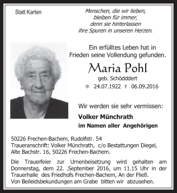 Anzeige von Maria Pohl von  Wochenende 