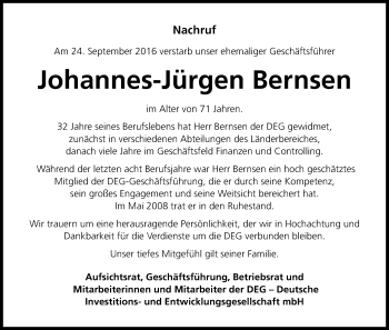 Anzeige von Johannes-Jürgen Bernsen von Kölner Stadt-Anzeiger / Kölnische Rundschau / Express