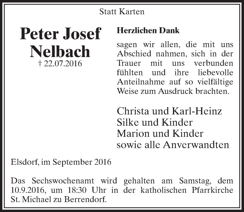  Traueranzeige für Peter Josef Nelbach vom 03.09.2016 aus  Sonntags-Post 