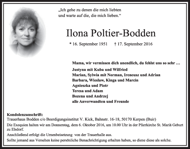  Traueranzeige für Ilona Poltier-Bodden vom 01.10.2016 aus  Sonntags-Post 