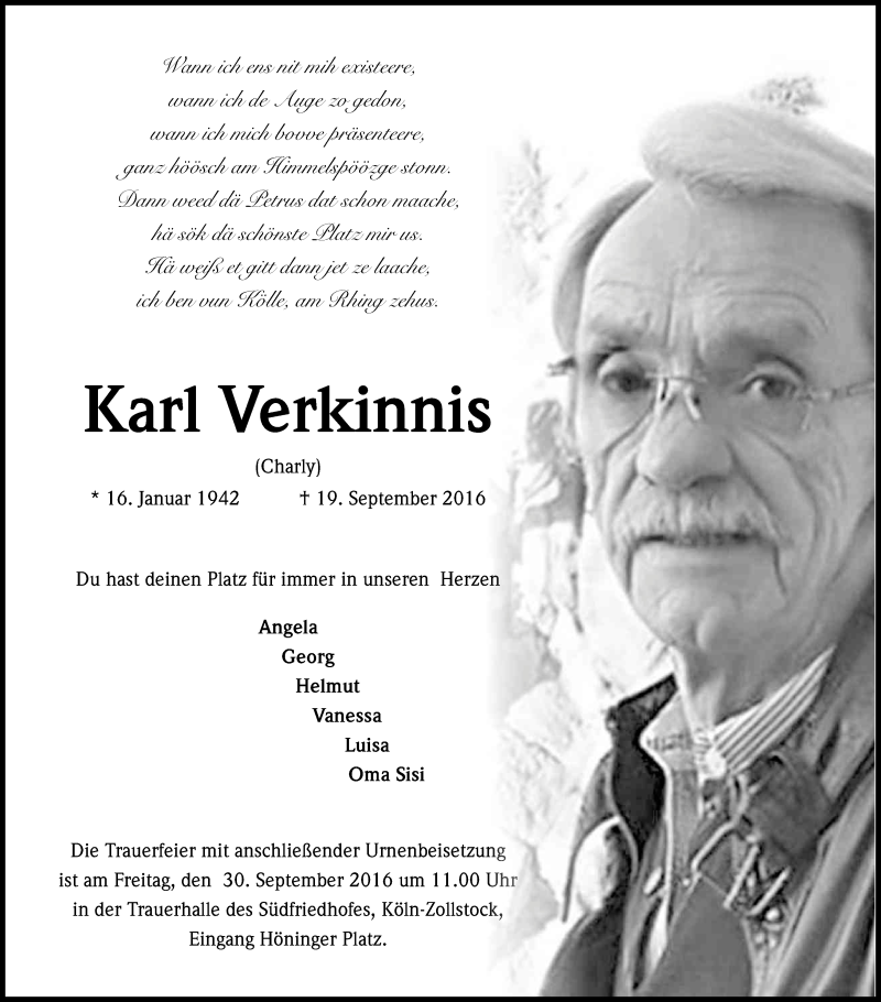  Traueranzeige für Karl Verkinnis vom 24.09.2016 aus Kölner Stadt-Anzeiger / Kölnische Rundschau / Express
