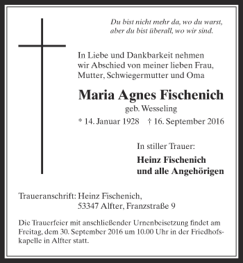 Anzeige von Maria Agnes Fischenich von  Schaufenster/Blickpunkt 