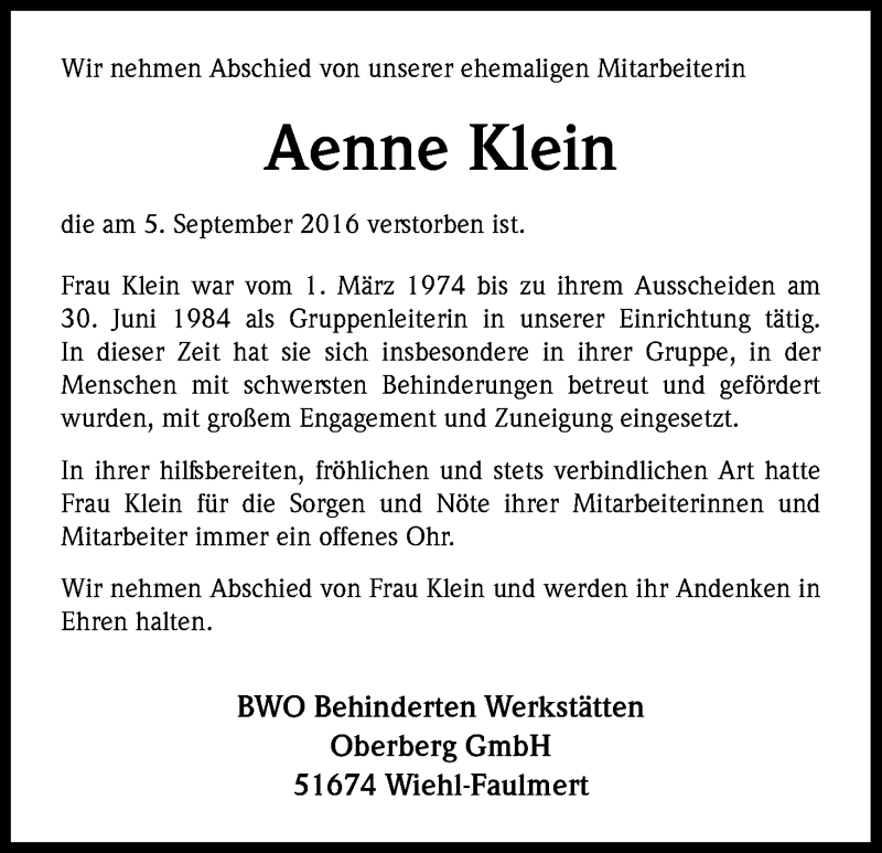  Traueranzeige für Aenne Klein vom 10.09.2016 aus Kölner Stadt-Anzeiger / Kölnische Rundschau / Express