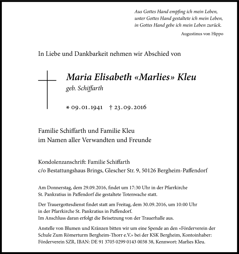 Traueranzeige für Maria Elisabeth Kleu vom 28.09.2016 aus Kölner Stadt-Anzeiger / Kölnische Rundschau / Express