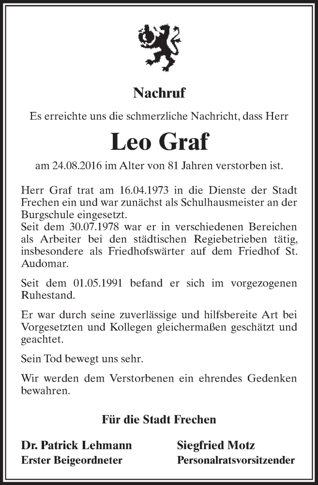  Traueranzeige für Leo Graf vom 17.09.2016 aus  Sonntags-Post 