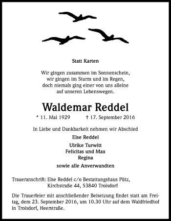 Anzeige von Waldemar Reddel von Kölner Stadt-Anzeiger / Kölnische Rundschau / Express