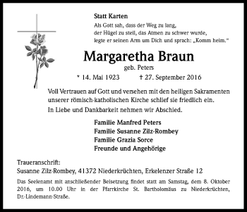 Anzeige von Margaretha Braun von Kölner Stadt-Anzeiger / Kölnische Rundschau / Express